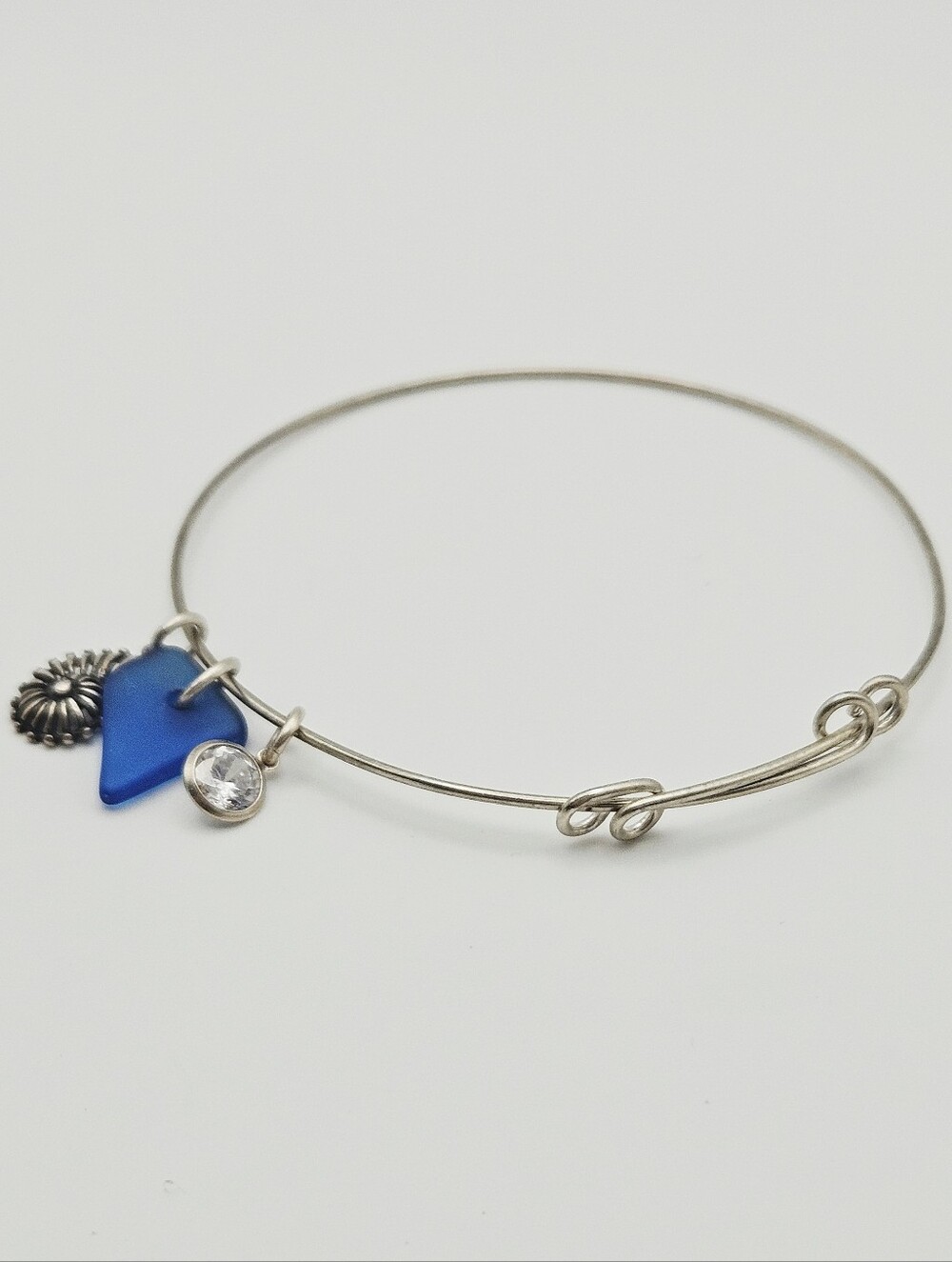 Women's Seashell Bangle Bracelet with Blue Charm and Clear Stone
